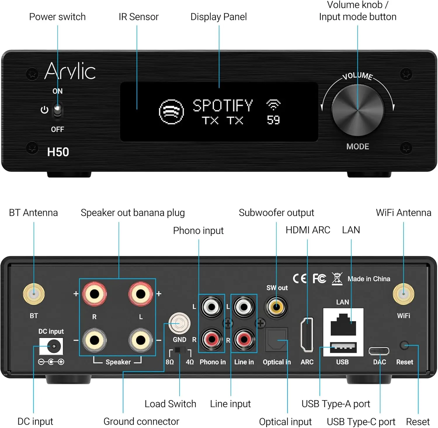 Фото Arylic H50 WiFi Bluetooth 5.2 HiFi усилитель мощностью 50 Вт×2 с поддержкой AirPlay 2, Spotify, Tidal Connect, HDMI ARC, Phono, USB, DAC, Multiroom №3