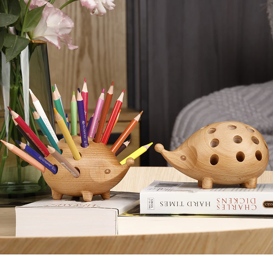 

Solid Wood Carving Hedgehog Penholder is Nordic Home Decoration Art and Craft for desk figurines and Children's Christmas gift
