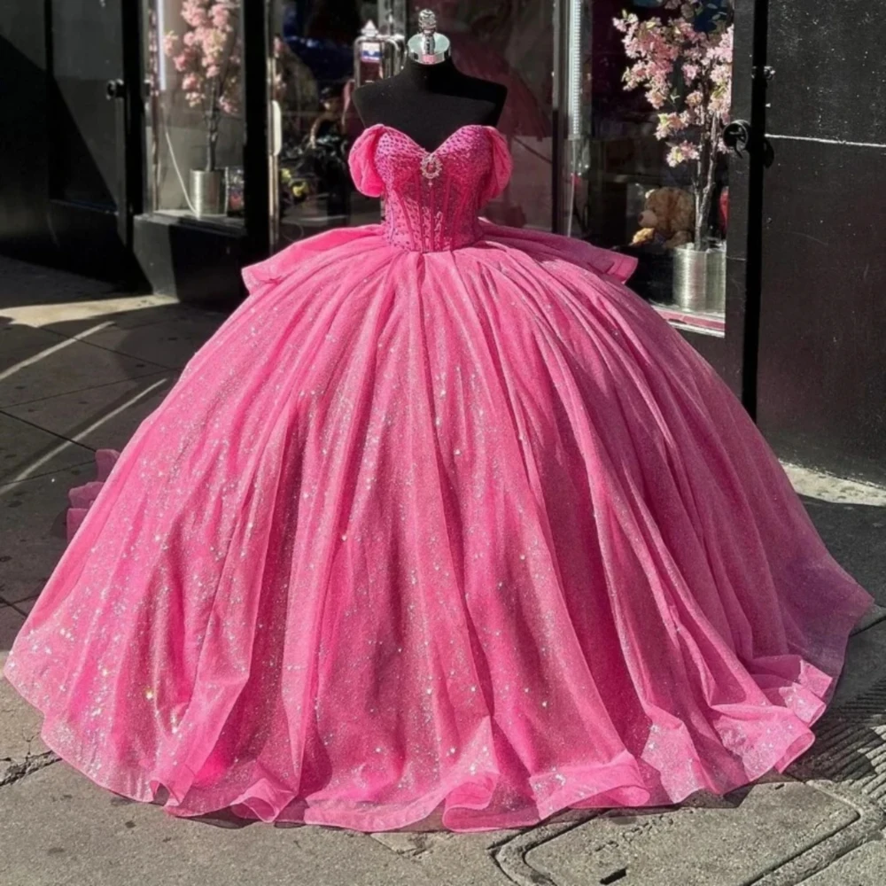 Арбузно-красные платья Quinceanera блестящие бусины хрустальный бант принцессы для