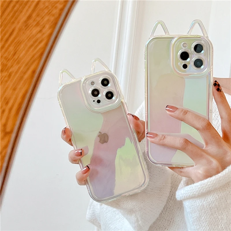 

Cat Ears Laser Transparent Phone Case for IPhone 13 12 11 Pro XS Max X XR Airpods Pro 3 2 1 Shockproof Gradient Colorful Cover