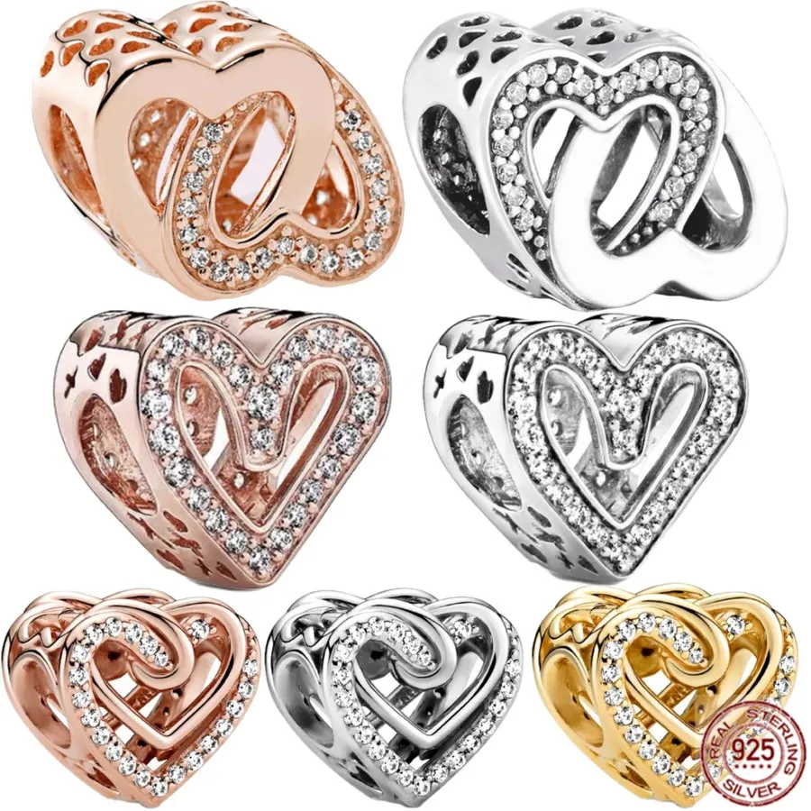 

Heart-Shaped Diamond Inlay 925 Sterling Silver Fit Original Pandora Bracelet Rose Gold Plated Gold plated Charm Bead DIY Jewelry