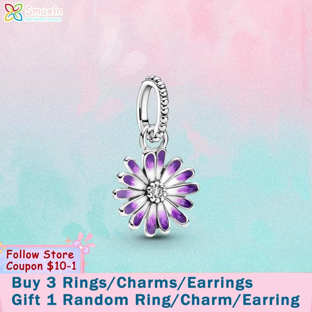 

Smuxin 925 Sterling Silver Charm Purple Daisy Dangle Charm fit Original Pandora Bracelets Women Jewelry Making Girl DIY Jewelry