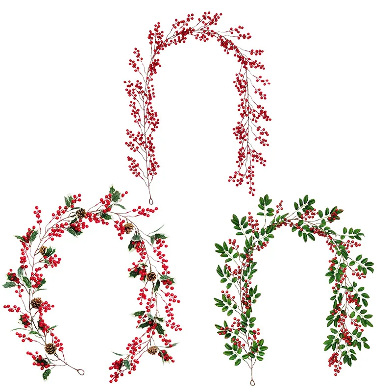1.75-1.95M Christmas plants Hanging rattan Lucky Evergreen Mistletoe leaf garland ruch red fruit Wreath New year home decor