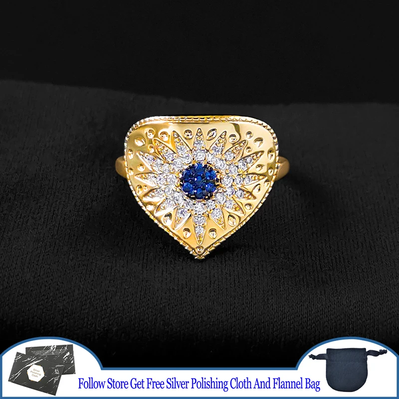 

Sun Love Golden Blue Stone Heart Shaped Index Ring S925 Sterling Silver Aegean Style Romantic Luxury Valentine Day Gift Jewelry