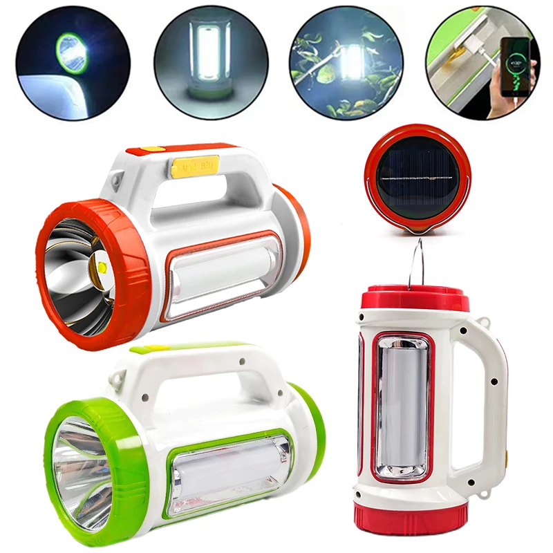 

USB Emergency Flashlight LED/COB Solar Outdoor Searchlight Rechargeable Waterproof Power Bank Fishing Flashlight Camping Lamp