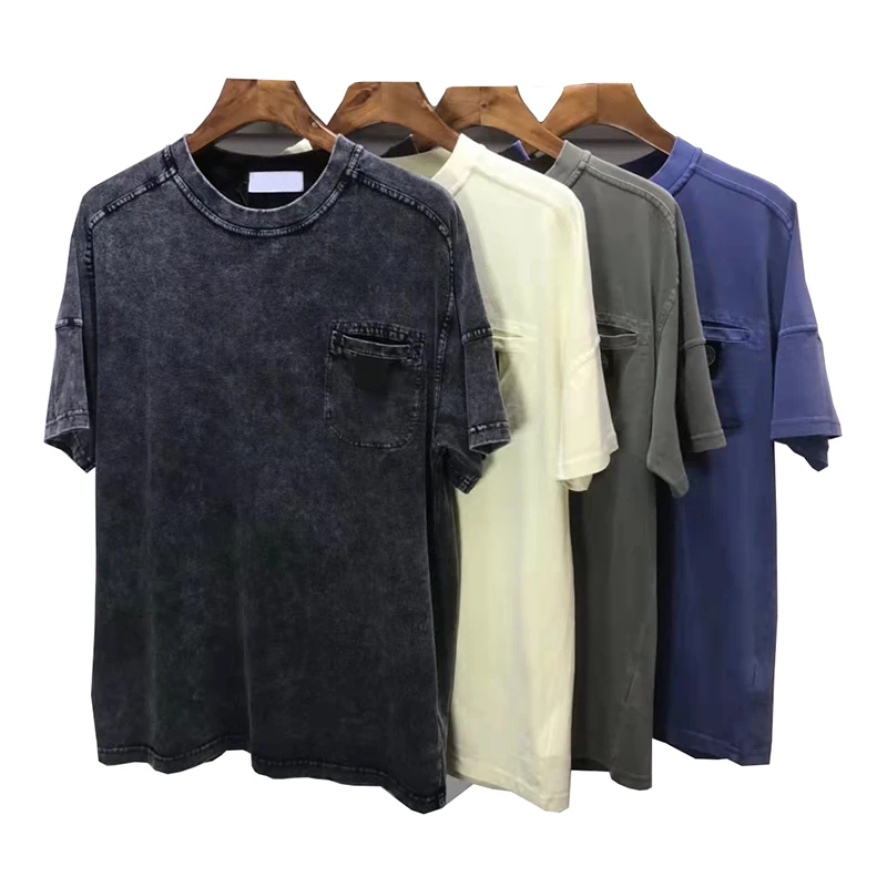 

Washed Short Sleeve T-Shirts Men Clothing Crew Neck Pockets Summer Streetwear Loose Casual Cotton Breathable Tops MA501