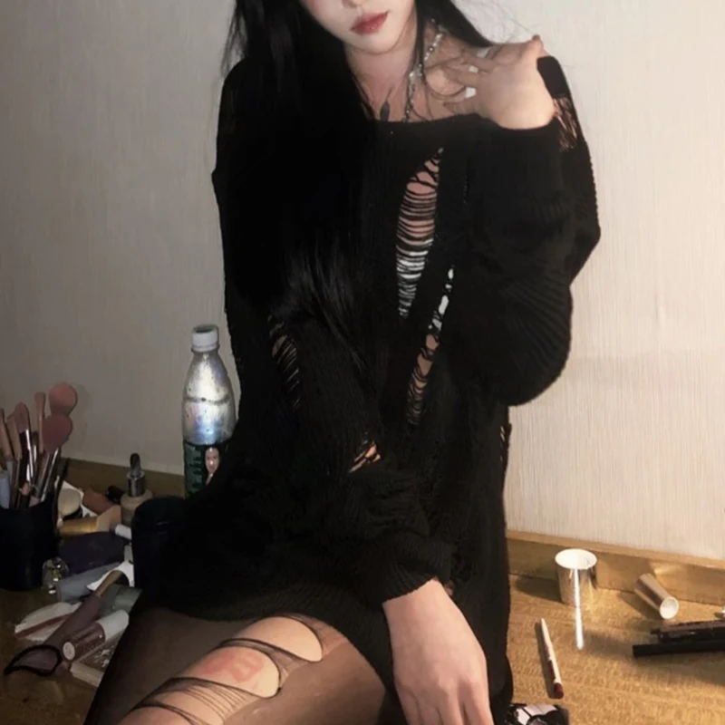 Женские вязаные свитера Dark Goth с разрезом черный готический женский крутой