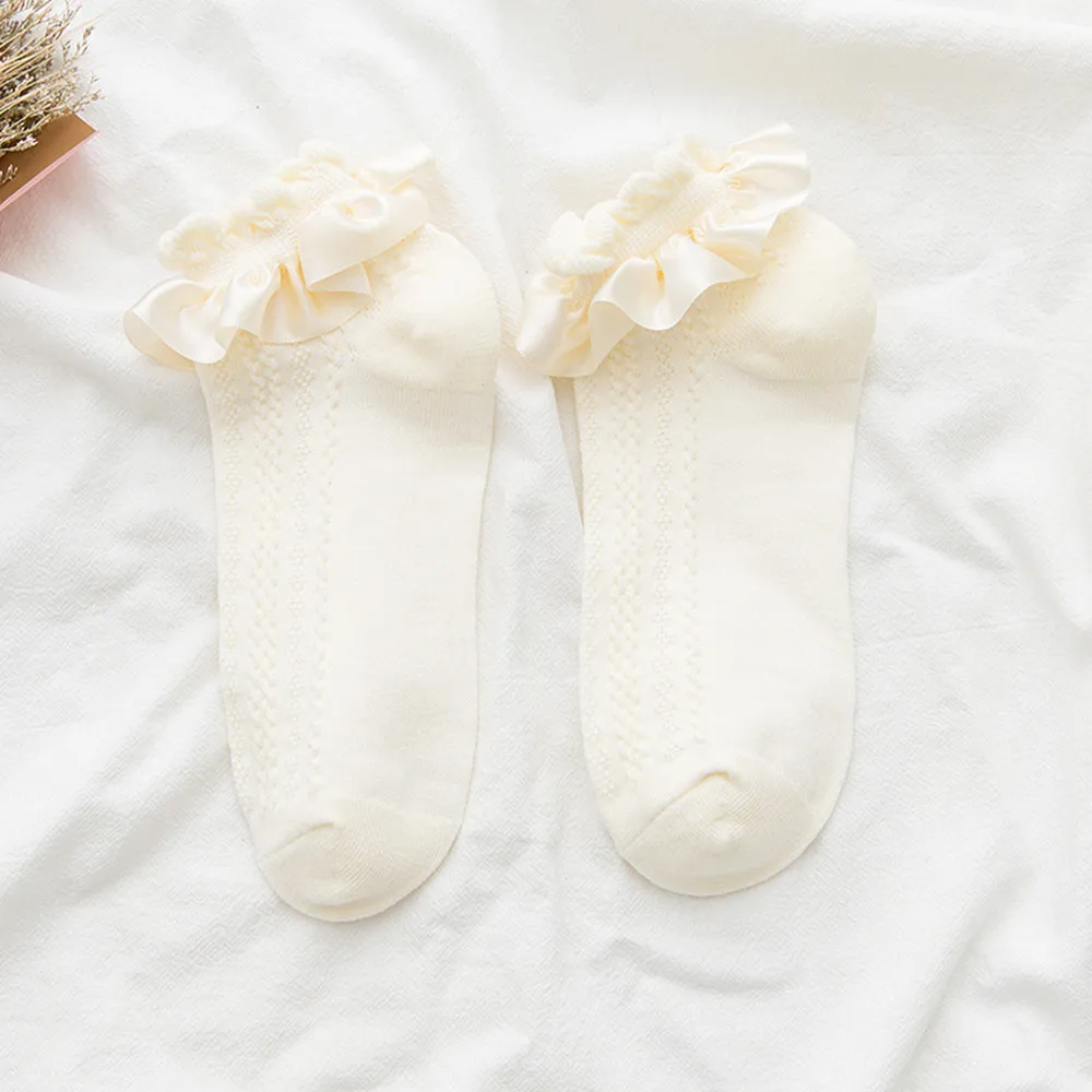 Lolita Socks Women's Ruffle Socks With Frill Black White Kawaii Cotton Lace Socks Low Cut Socks Cartoon Sweet Girls Hosiery