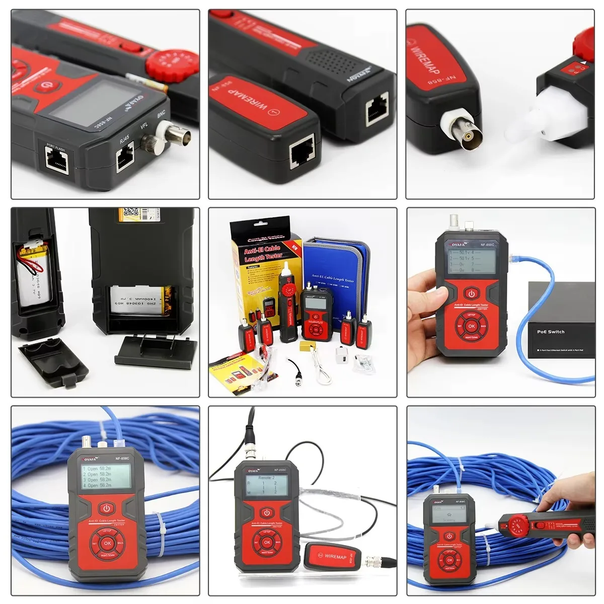 Фото Многофункциональный тестер кабелей NOYAFA NF-858C с ЖК-дисплеем для Cat5, Cat6, коаксиальных кабелей, RJ11, RJ45, BNC, USB, с функцией проверки целостности цепи №1