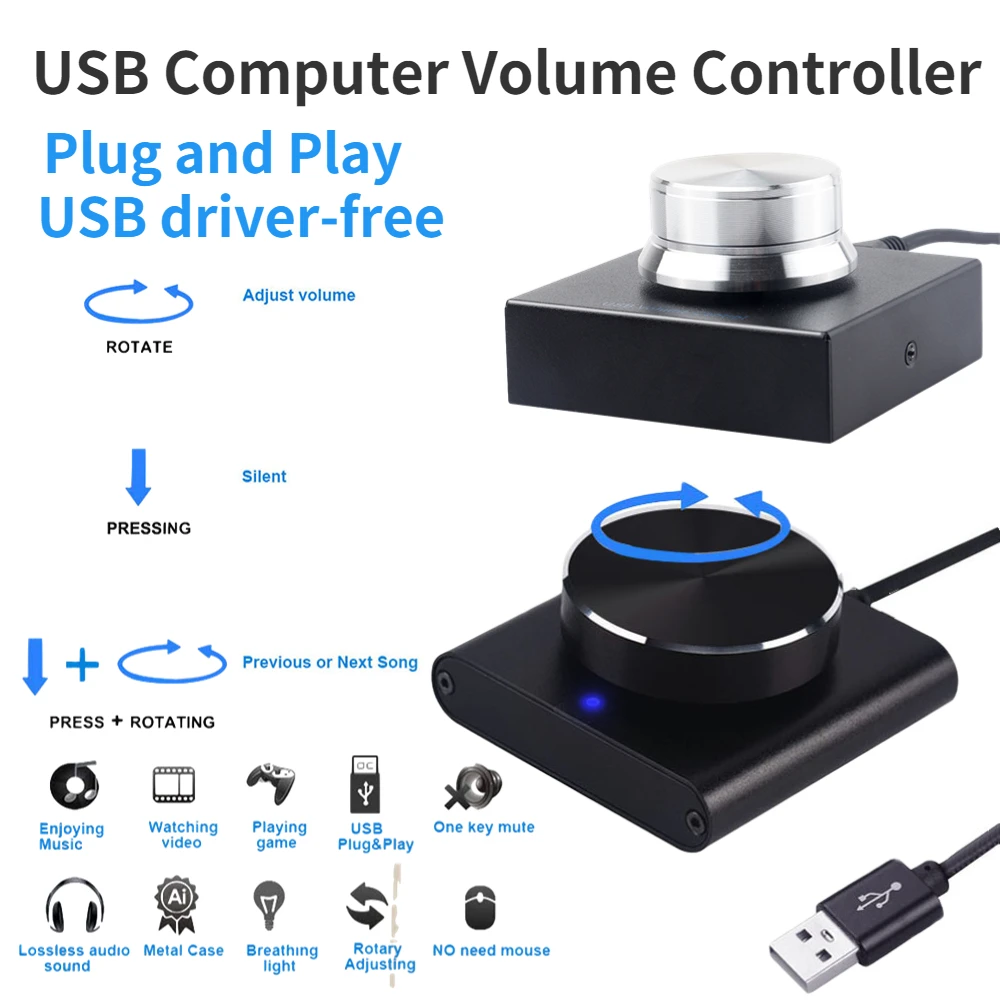 

USB Computer Volume Controller Mini One-button Mute Control PC Speaker External Volume Control Adjust Knob Black Plug and Play