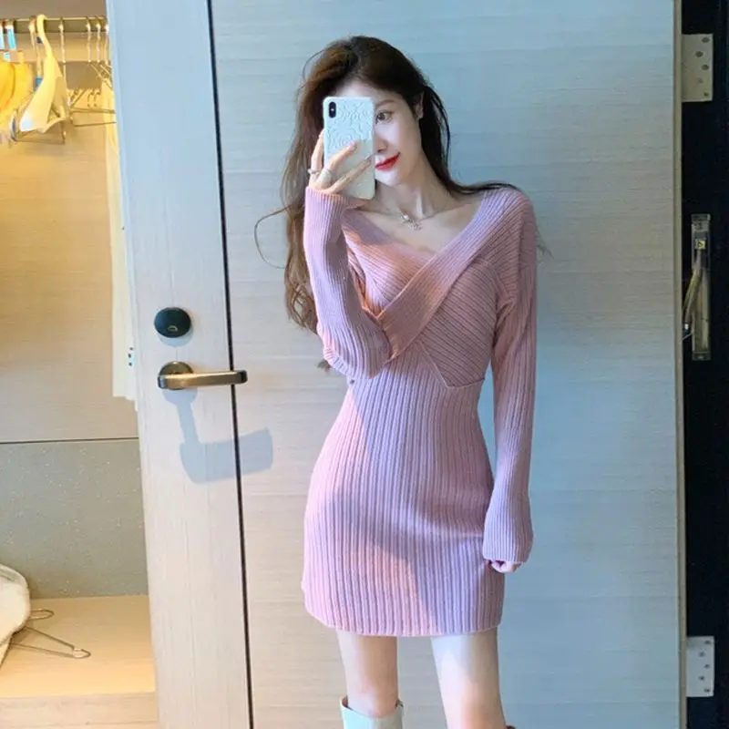 

Crochet Sexy Daring Clothing Bodycon Knit Short Extreme Mini Female Dress V Neck Solid Women's Dresses One-piece Aesthetic Thic