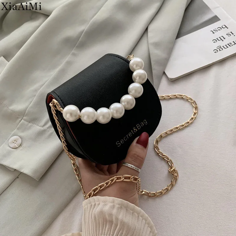 Women's Pearl Tote Bags Fashion Women's Mini Crossbody Bags Black Pu Shoulder Bags Korean Style Girls Saddle Bags Dating