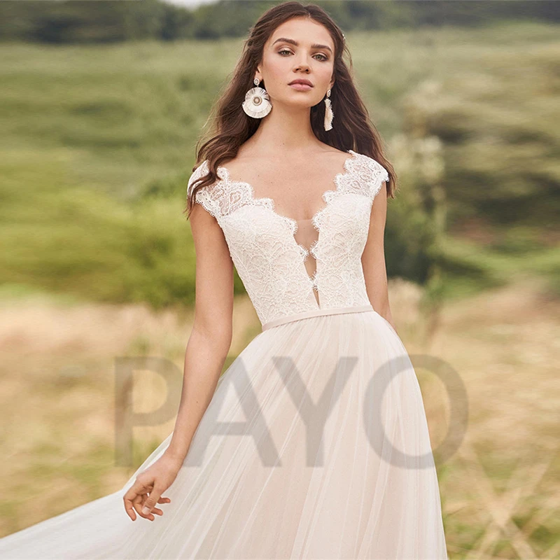 

Elegant Wedding Dress V-Neck Tulle Buttons Sashes Exquisite Appliques Sweetheart Mopping Gown Vestido De Novia For Women