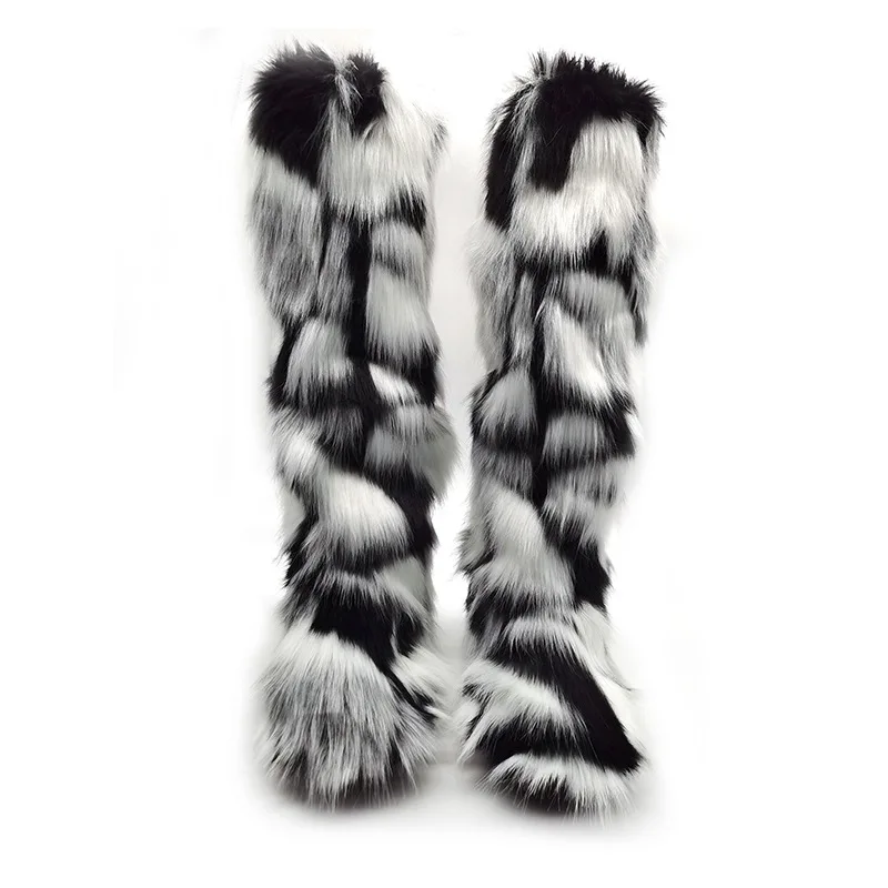 

New Designer Winter Women High Tube Boots Warm Fluffy Fake Fur Snow Boots Ladies Colorful Cotton Shoes Plush Furry Snow Boots