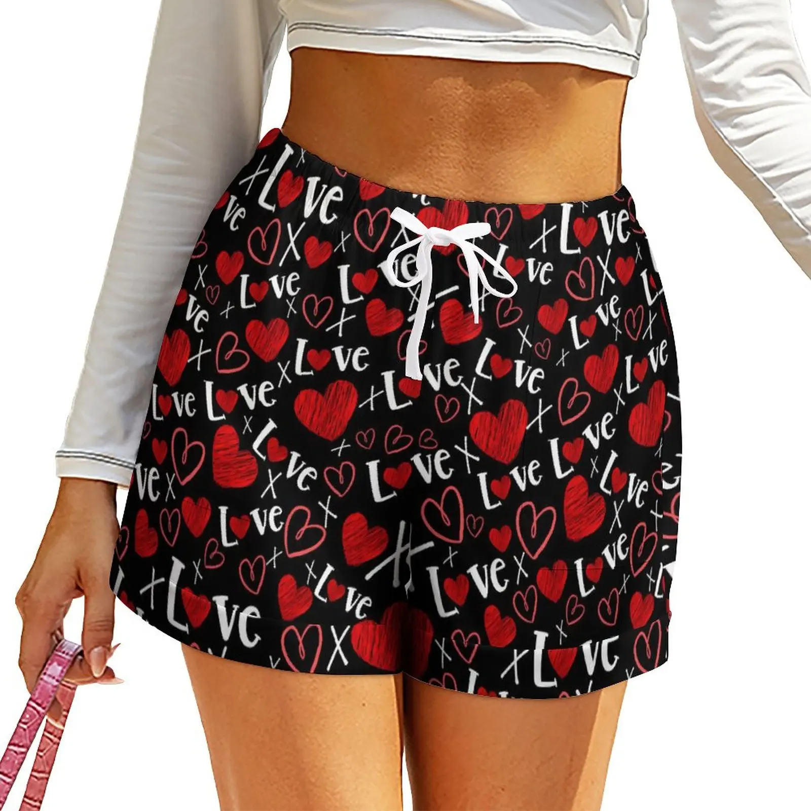 

Love And Hearts Shorts Valentine Oversized Casual Loose Shorts Elastic Waist Harajuku Short Pants Woman Printed Pockets Bottoms