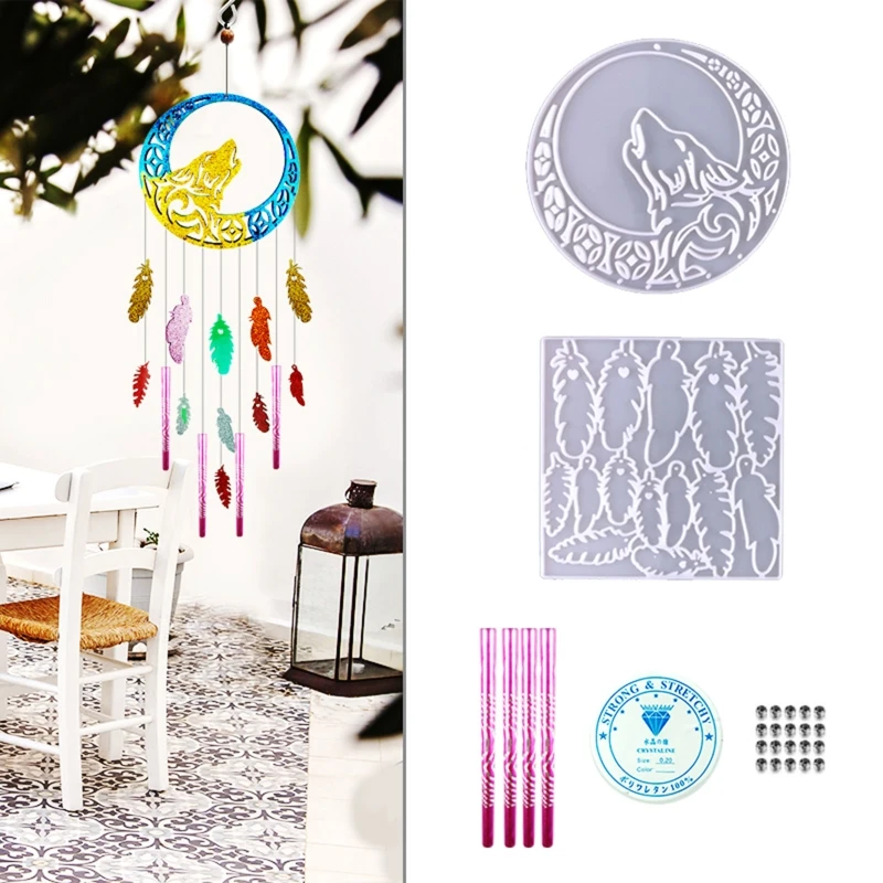 

1 Set DIY Wolf Feather Wall Hanging Wind Chime Silicone Epoxy Mold DIY Keychain Pendant Crafting Mold for Valentine Gift