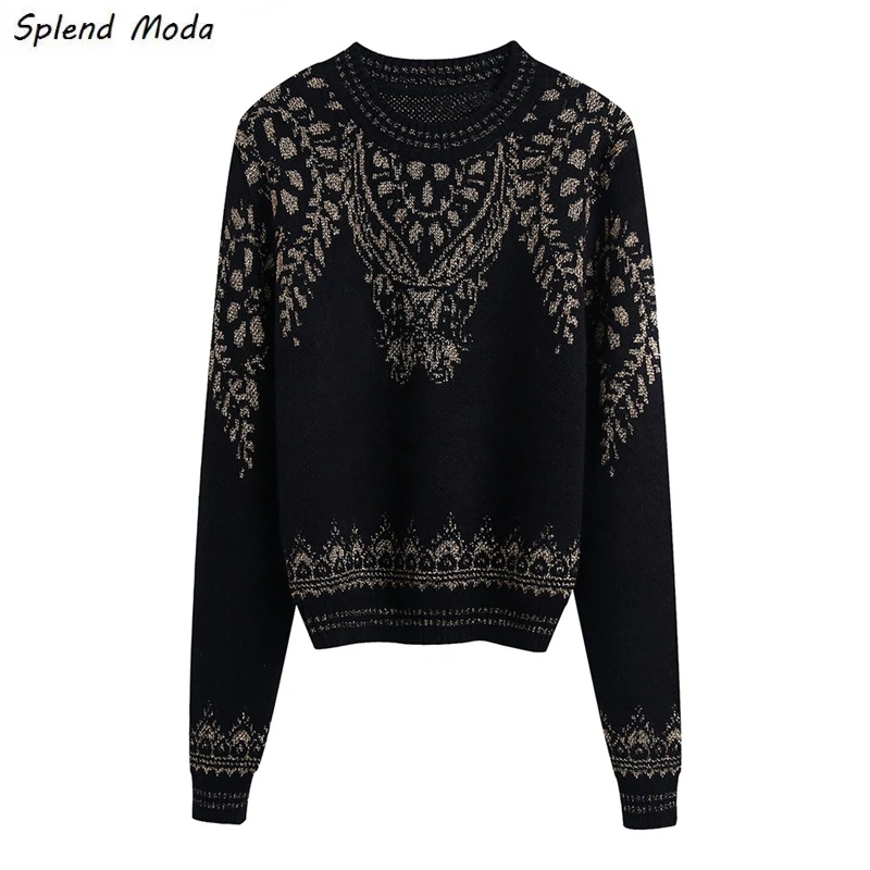 

Splend Moda Autumn Winter New Vintage Fashion Metal Color Thread Jacquard O-Neck Long Sleeve Short Sweater Loose Pullover Women