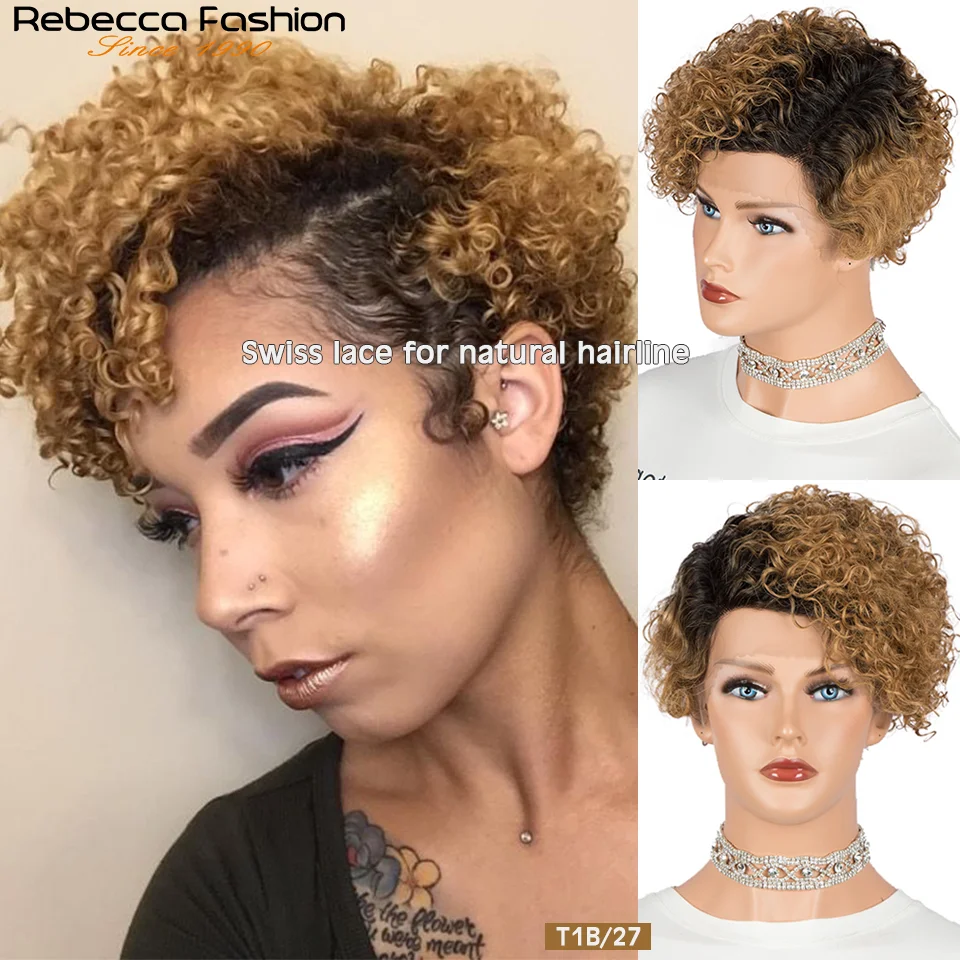 Curly Short Bob Lace Wigs Blonde Pixie Brazilia Human Hair Lace Part Bob Wig For Women Density 150% Water Wave Remy Short Hair