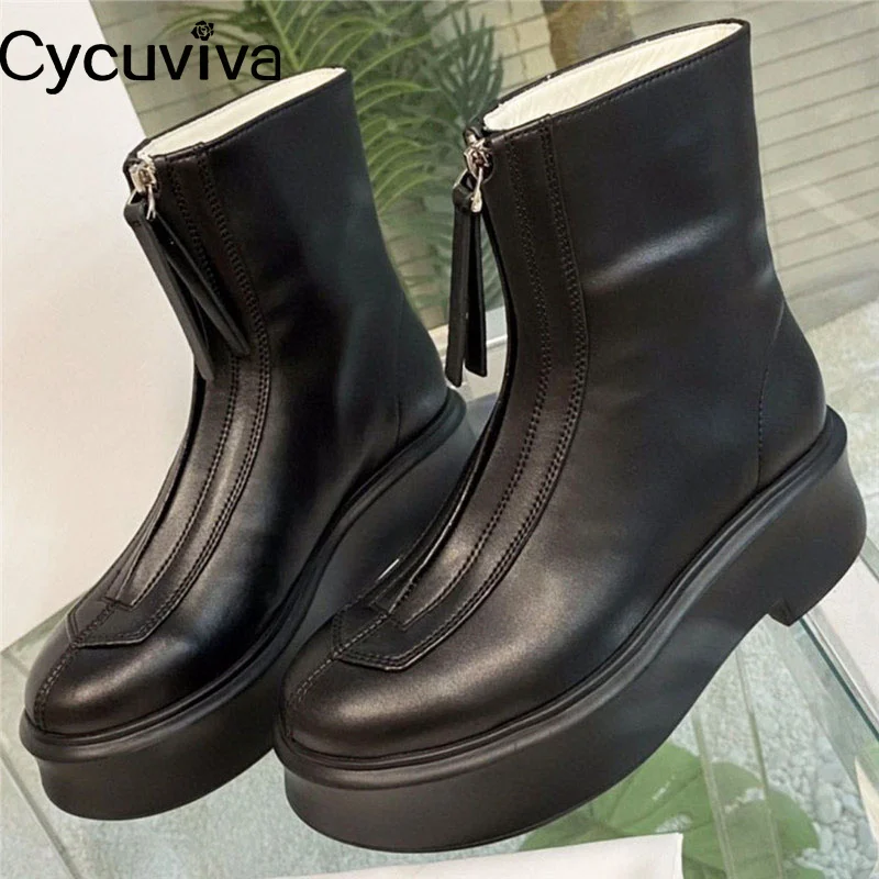 

Designer Thick Sole Motocrycle Boots Real Leather Ankle Boots For Women Front Zip Chelsea Boots Women Winter Brand Botas Mujer