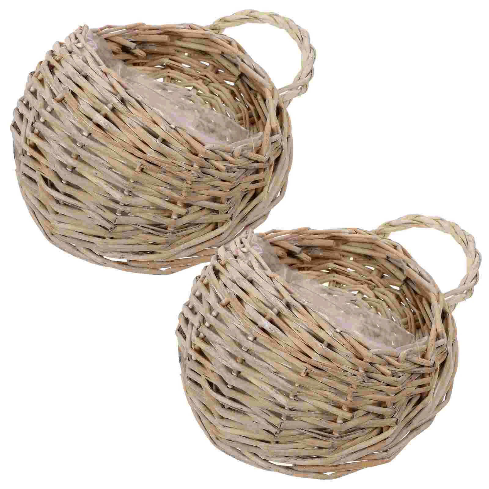 

2 Pcs Container Wall Hanging Rattan Flower Basket Indoor Planter Wooden Storage