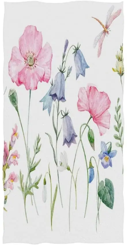 

Face Towel Watercolor Floral Print Pink Poppy Snowdrop Violet Purple Bells Dragonfly Wildflower Soft Bath Towel Absorbent Hand T