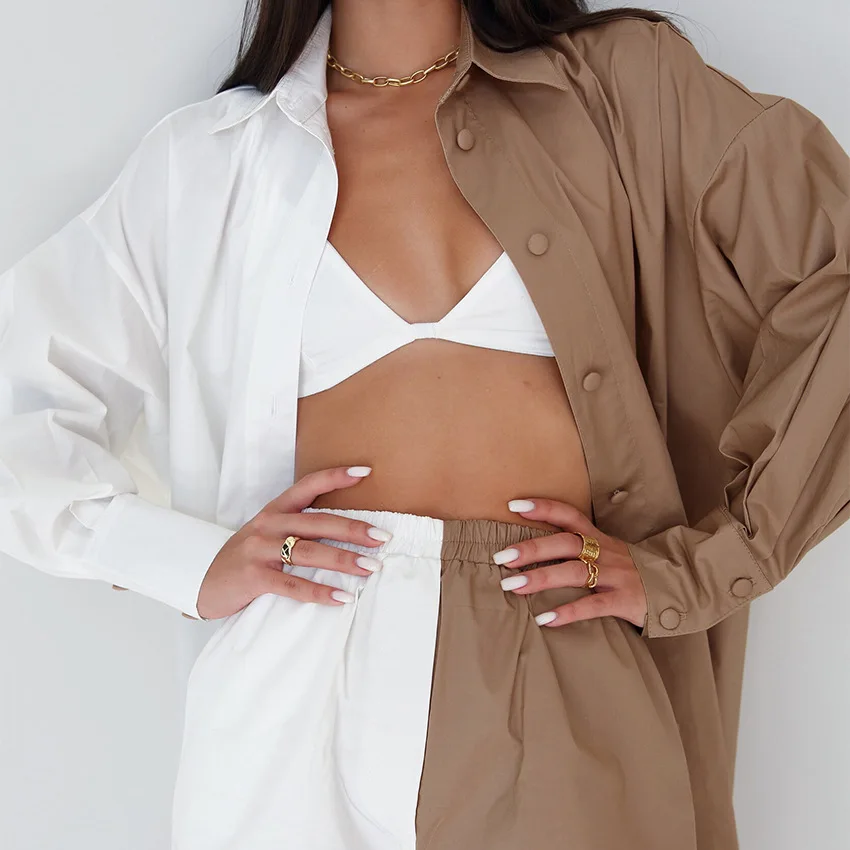 

2022 Splicing Color Contrast Long Sleeved Shirt Spring Summer Women's Shorts Two-piece Cotton Hemp Leisure Fashion Suit Loose