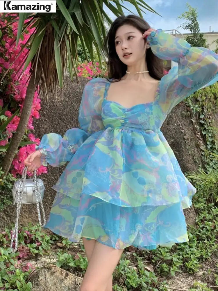 

Летнее повседневное милое цветочное мини-платье для леди Kawaii с длинным рукавом и открытой спиной Y2K уличная одежда Vestidos Осень Mujer одежда