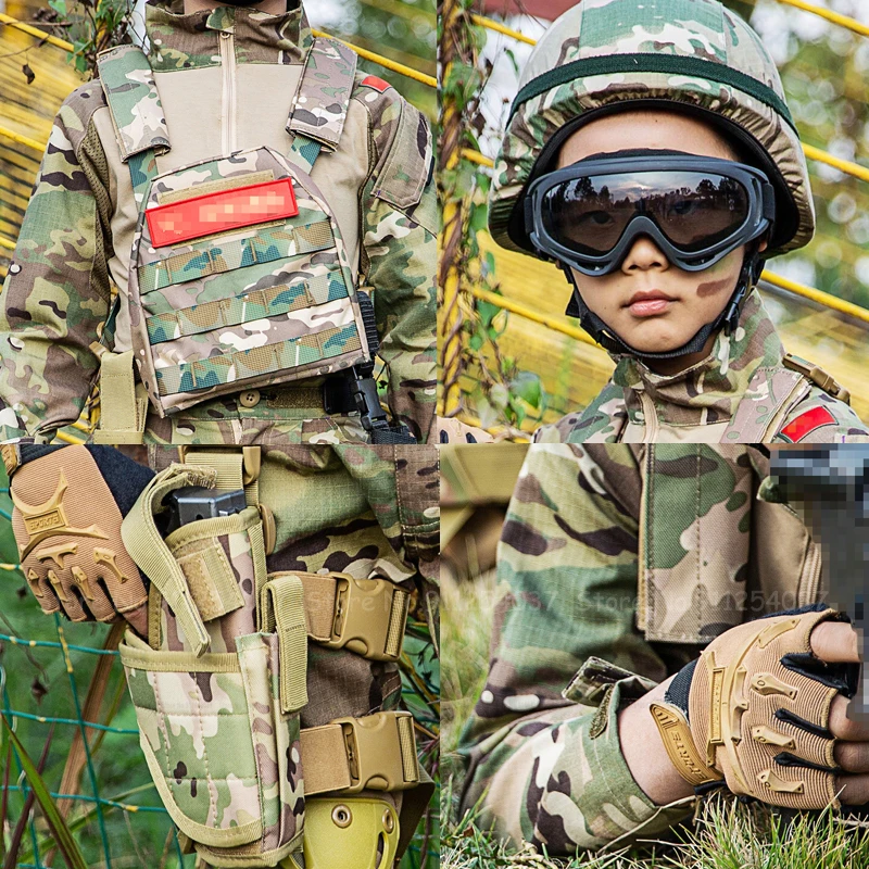 Children Tactical Camouflage Suit Special Forces Combat Uniform Kids Outdoor Military Training Vest Gloves Knee Pads Goggles Hat