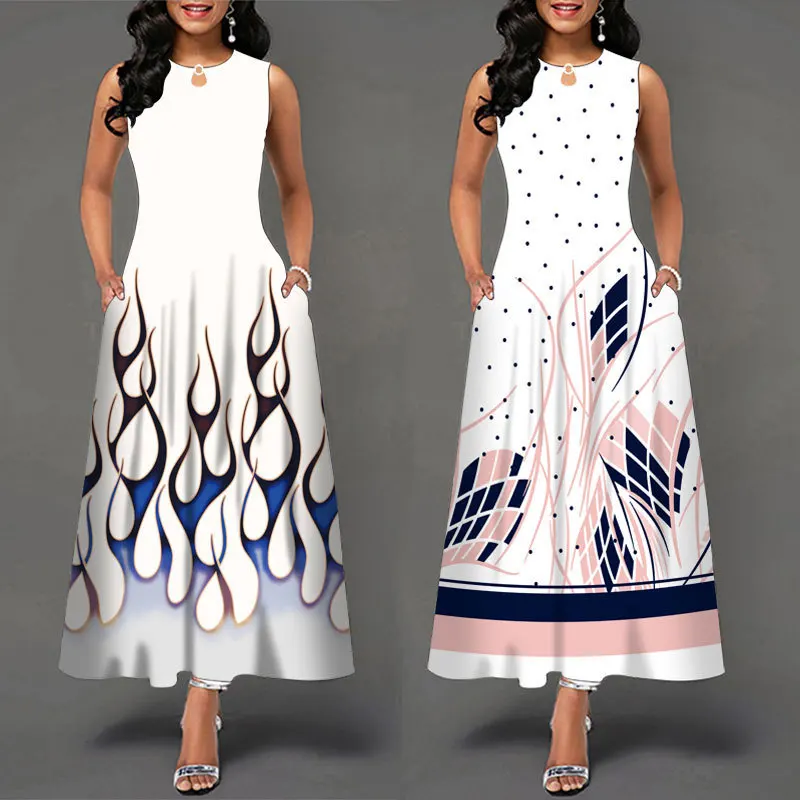 

New Sleeveless Pullover Long Skirt Printed Pocket Large Swing Crewneck Vest European and American Dress