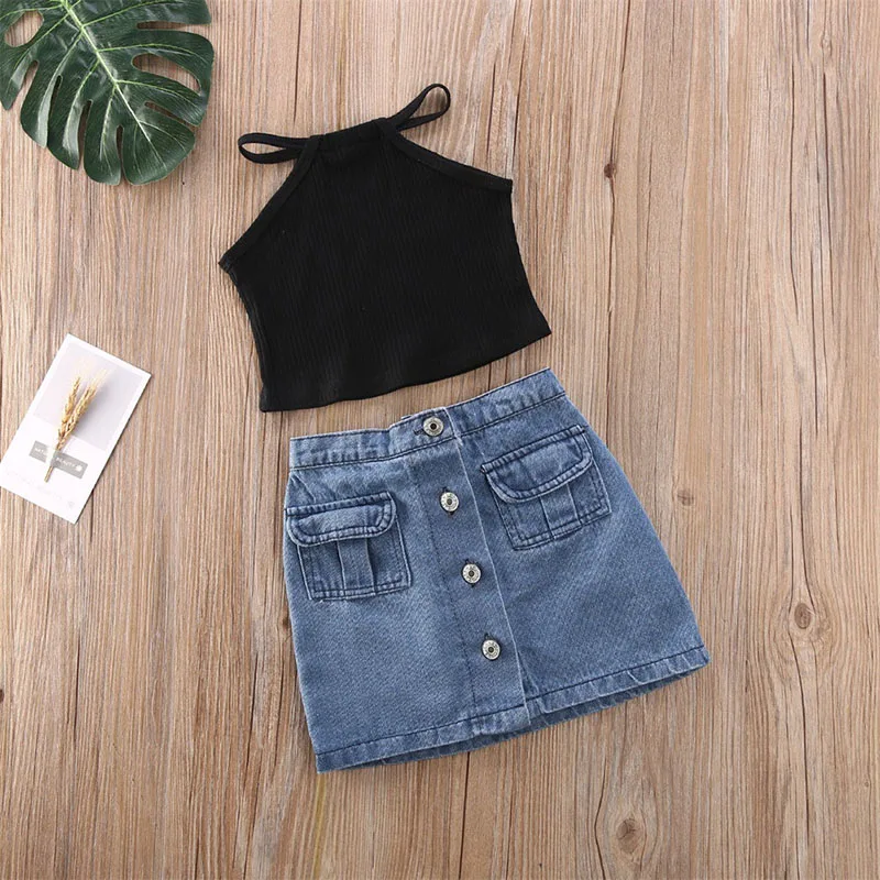 Girls Halter Tube Top Denim Skirt Two Piece Set Toddler Girl Clothes Kids Clothes Girls Toddler Girl Clothes Kids Clothes Girls