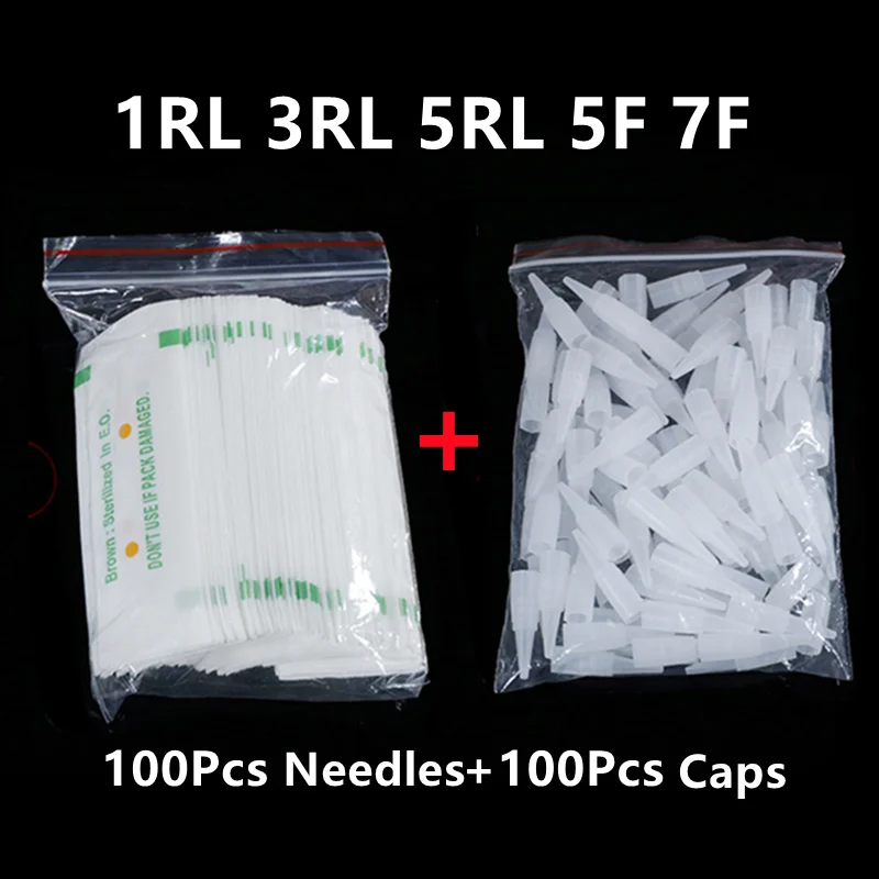 

100Pcs Needles+Needle Cap 0.35mm Tattoo Needles 1RL 3RL 5RL Disposable Sterilized Permanent Makeup Eyebrow Microblading Needles