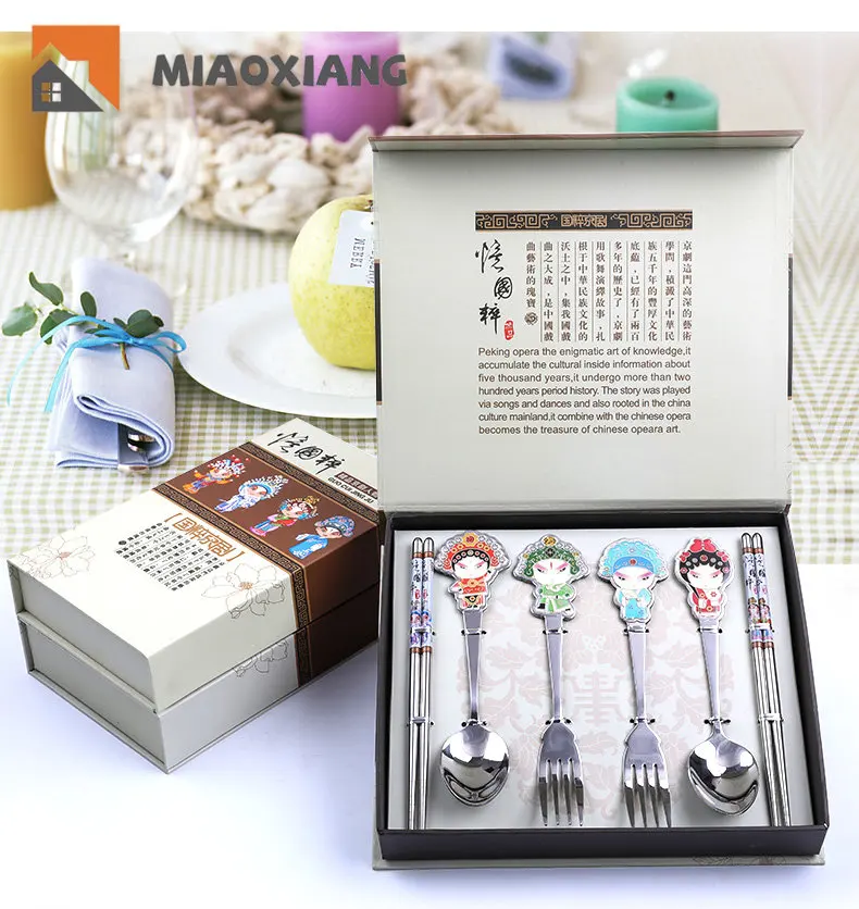 Beijing Opera Facial Cutlery Knife Fork and Chopstick Set Chinese Style Gift Custom LOGO Travel Cutlery Set Spoon and Fork Set