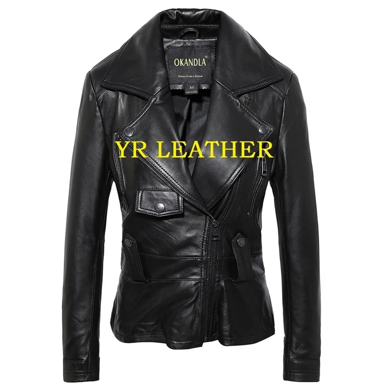 YR!Free shipping.Wholesales.Black fashion womens genuine leather jacket.street slim sheepskin coat.short plus size casual jacket
