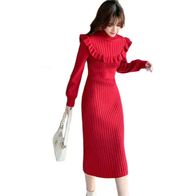 

2022 New Women's High Waist and Thick Temperament Bottoming Sweater Skirt Knitted Dress Autumn and Winter Half Turtleneck T125