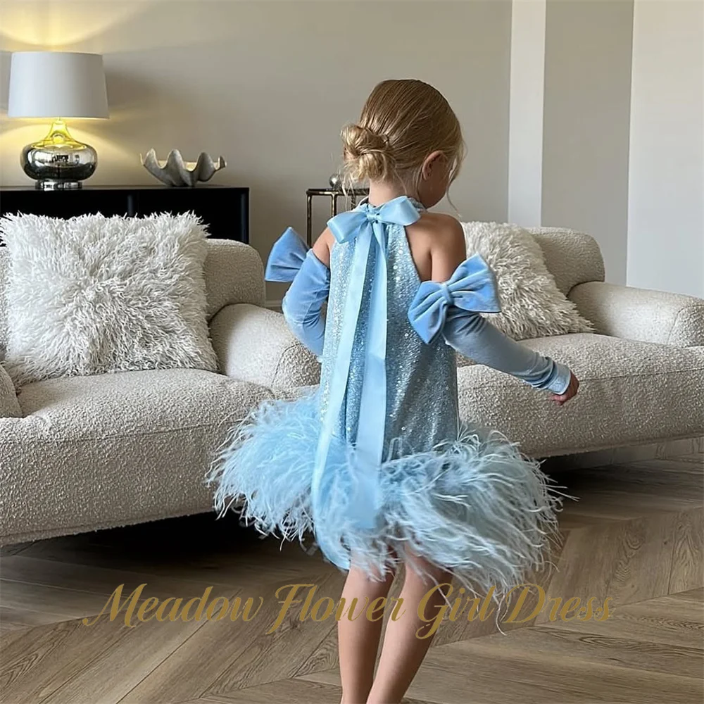 Фото Нежно-голубое платье для девочек Meadow Sparkle: бальное платье принцессы с высоким воротником и бретелью через шею, пышное платье-туту без рукавов для вечеринок и выпускных вечеров №2