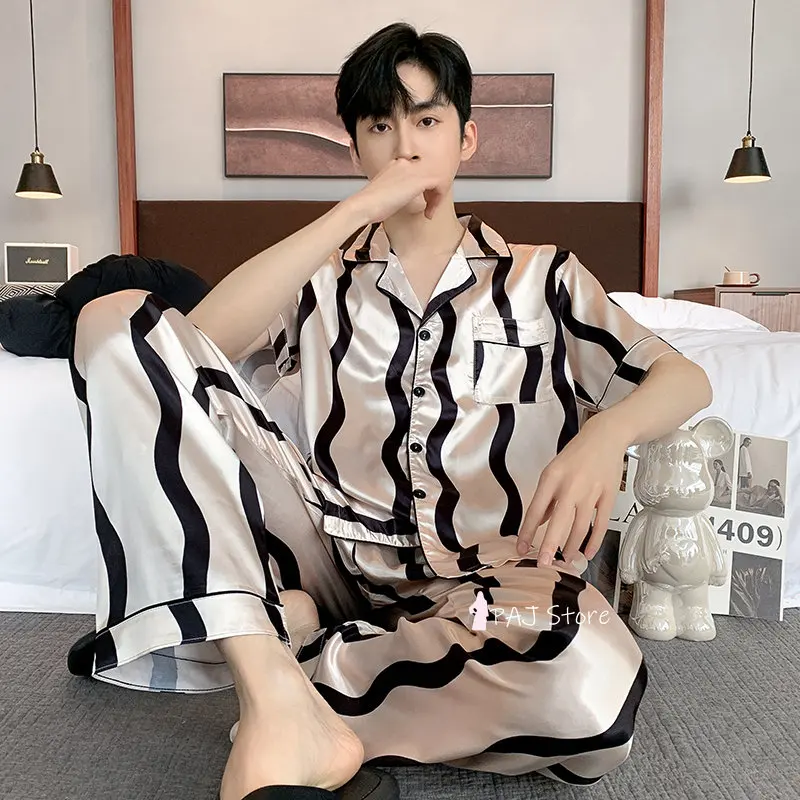 Men Sleepwear Silk Satin Pijama Set Pajama Sets Short Sleeve Sleep Home Clothes Man 2 Pieces Sets Home Suits Pyjamas L-5XL