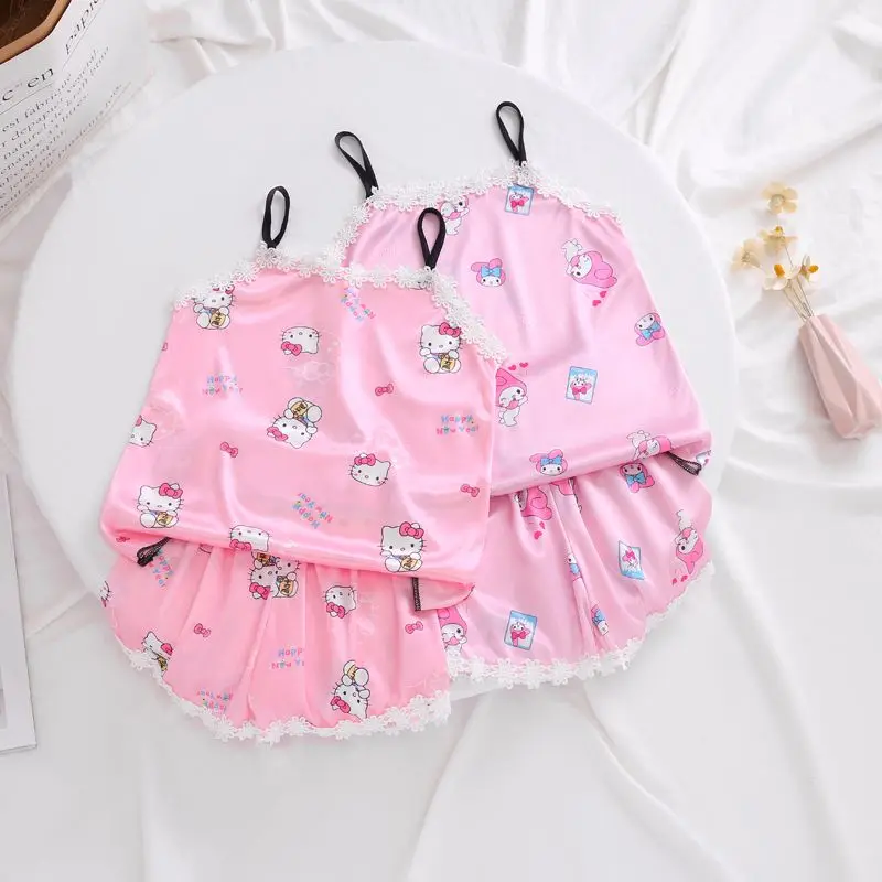 

Летний пижамный комплект Sanrioed с аниме мелодией Hello Kitty, Детская домашняя одежда, одежда для сна, топ, костюмы с шортами, нижнее белье, подарки