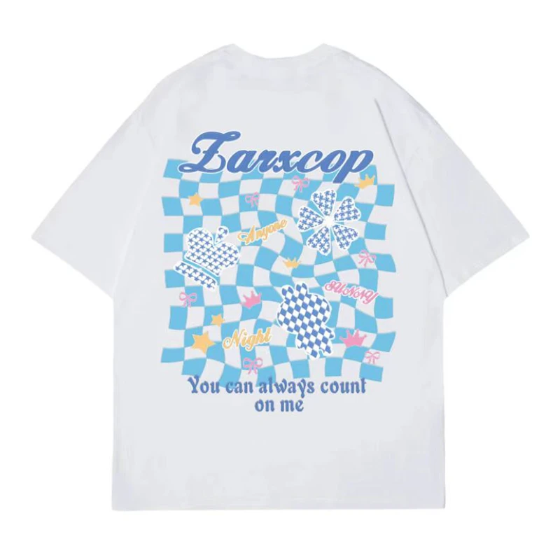 

New Summer T-shirt 100% Cotton Streetwear Harajuku Plaid Sweet Girl Cartoon Print Tops Casual Loose Short Sleeve Tees Men Women