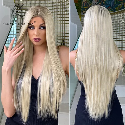 Длинный Синтетический прямой парик единорога блонд Омбре светлый Платиновый кружевной передний парик для женщин Косплей Высокая плотность волос термостойкий
