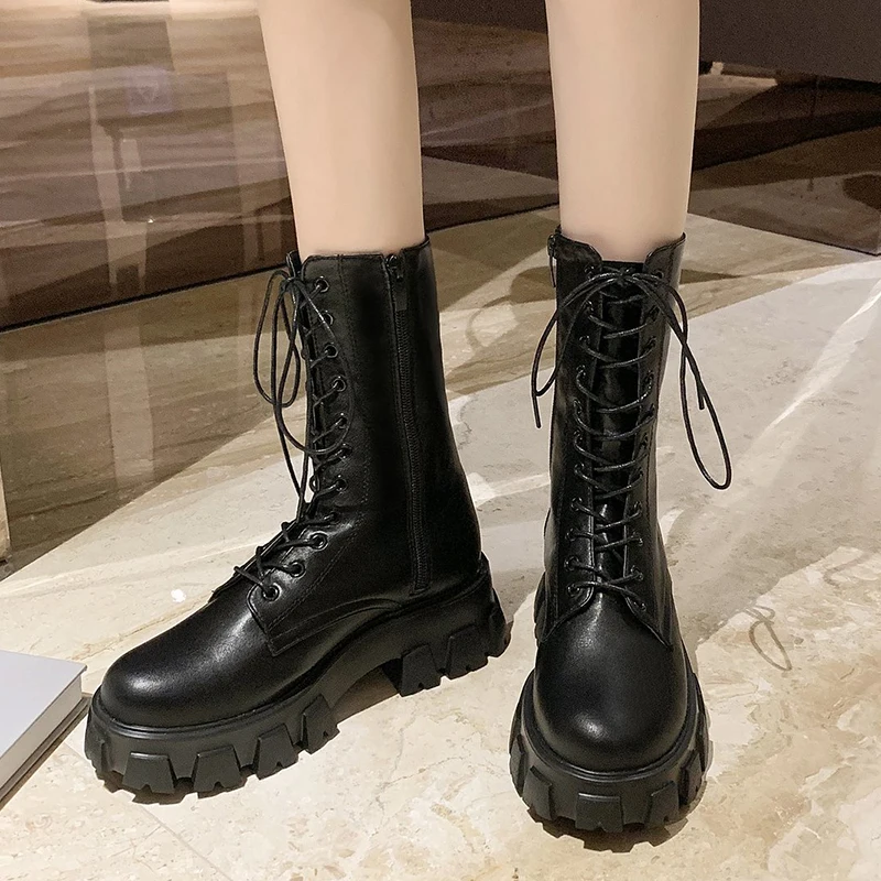 

Женские мотоциклетные ботинки на платформе Rimocy, Нескользящие, на толстой подошве, из искусственной кожи, на молнии, черные, Осень-зима