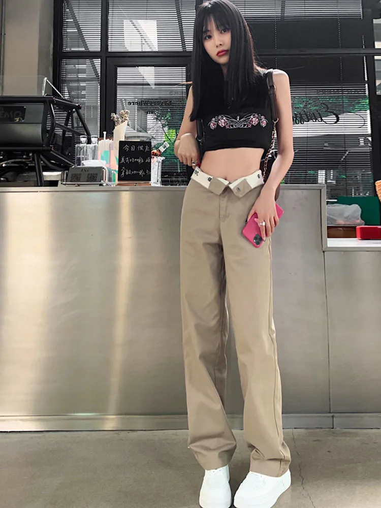 

Брюки женские с завышенной талией, свободные прямые штаны в стиле High Street с карманами, летние брюки цвета морской волны, цвета хаки