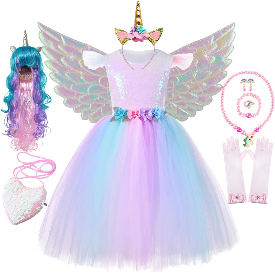 

Unicorn Dress For Girl Flying Sleeve Sequins Kid Tutu Frock Rainbow Pink Flower Applique Princess Costume Birthday Surprise Gift