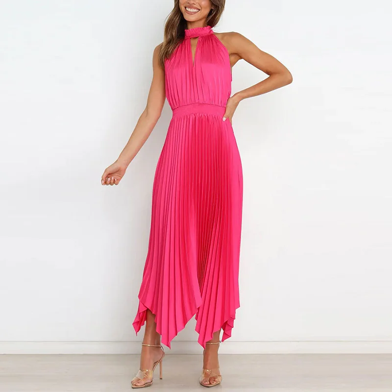 

Elegant Hanging Neck Hollow Long Dress Women Sexy Sleeveless Irregular Party Dress 2023 Fashion Waist Pleated Solid Satin Dress