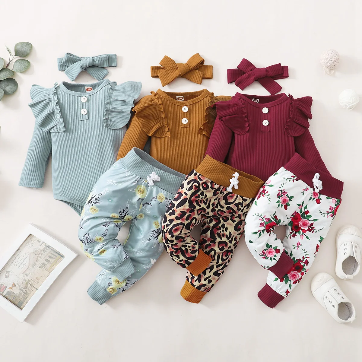 3Pcs Newborn Girl Clothes Set 3 Months Baby Girl Clothes Toddler Girl Outfits Baby Bodysuit + Bow Pants Infant Kids Clothing 6M