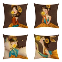 2022 cartoon beautiful girl linen pillow cover daisy elk girl cushion cover sofa car waist cushion cover home decoration 4545cm