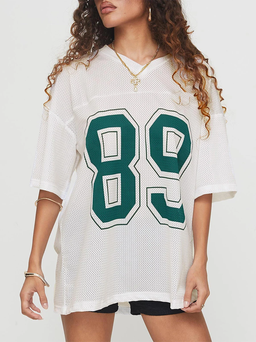 Women Summer Sports T-Shirt Casual Number Print Loose Basic Short Sleeve Tops for Streetwear