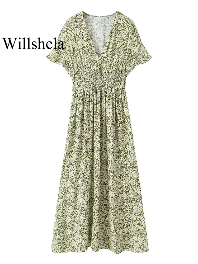

Willshela Women Fashion Printed Pleated Midi Dress Vintage V-Neck Short Sleeves Female Chic Lady Dresses