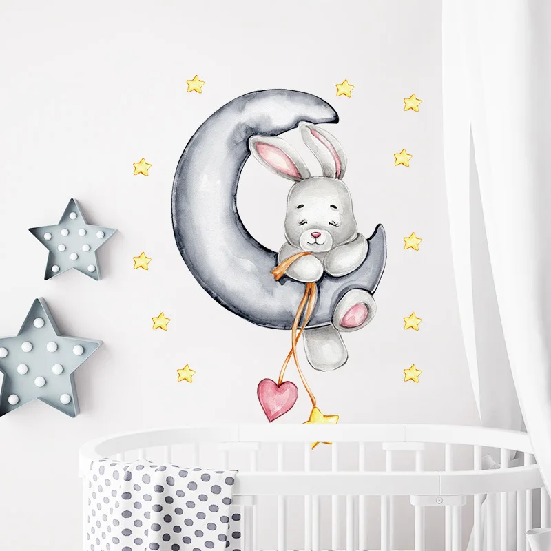 

Cartoon Bunny Sleeping on The Moon and Stars Wall Stickers for Kids Room Baby Room Decoration Wall Decals Room Interior