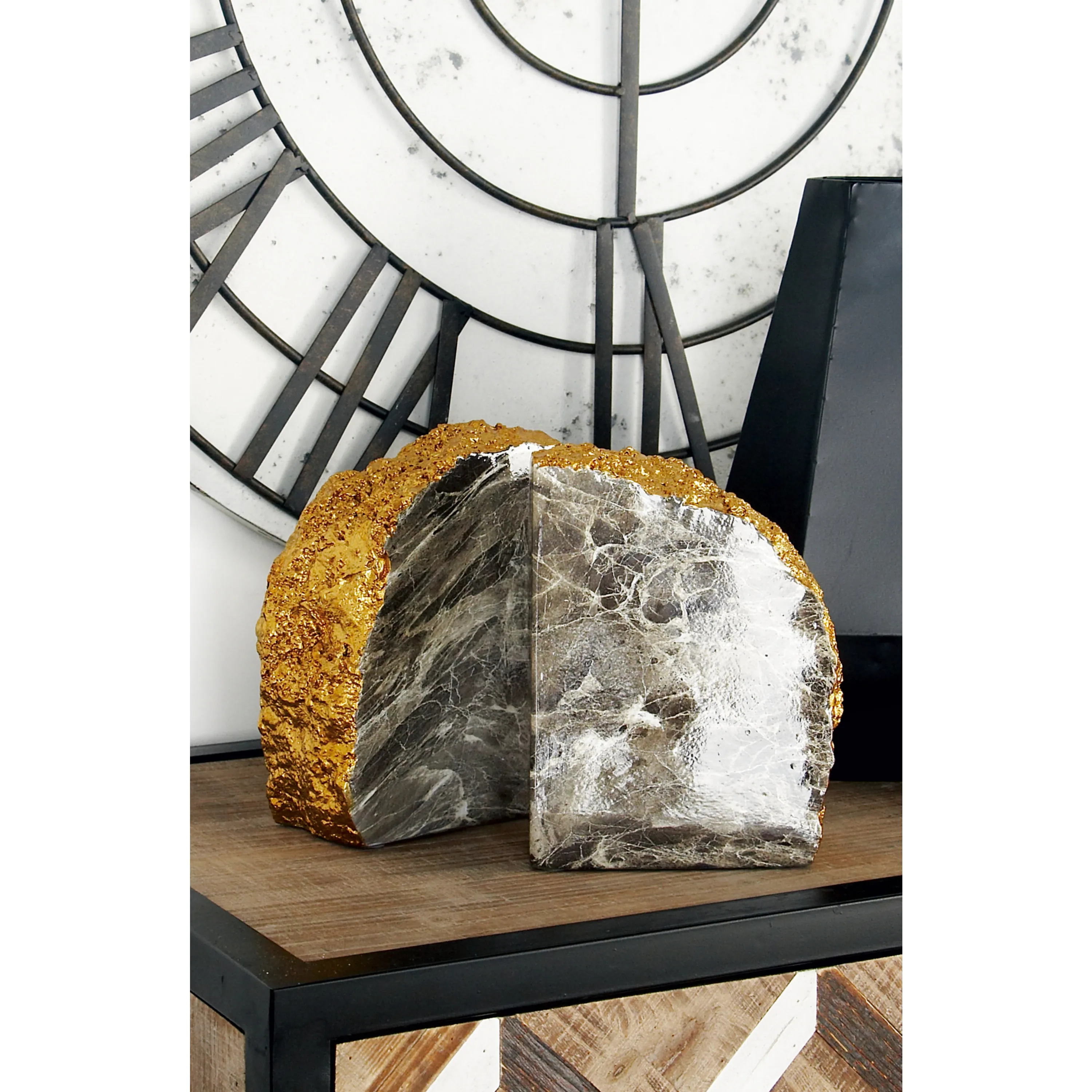 

5" Geode Gray Polystone Bookends with Gold Detailing (Set of 2)