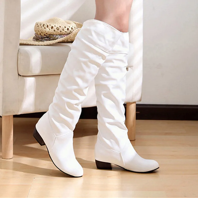 

Fashion Women Boots Spring Boots Botas Female Stretch PU Leather Boots Shoes Woman Black White Roma Knee-Length Boots